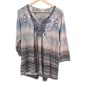 Live and Let Live Boho Top Sz XXL Paisley Print Beaded Crochet Neck Tunic Gypsy